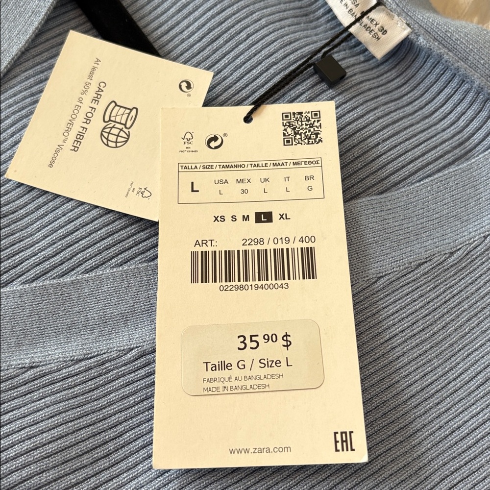 ZARA Light Blue Ribbed V-Neck Button Crop Top - Picture 4 of 4